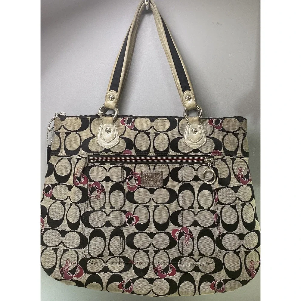 Coach Poppy Signature One Women Shoulder Bag Tan/Black/Pink 13x17x4" Need Clean - Picture 1 of 16